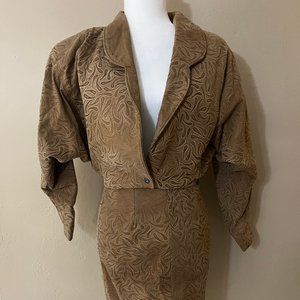 Vintage 80s Jacques Lelong Leather Jacket Skirt Suit Size 4 Small Brown Western